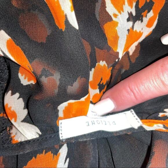 Pleione Floral Print Sheer Black Orange Blouse - SM lightweight top orange black - Picture 5 of 6